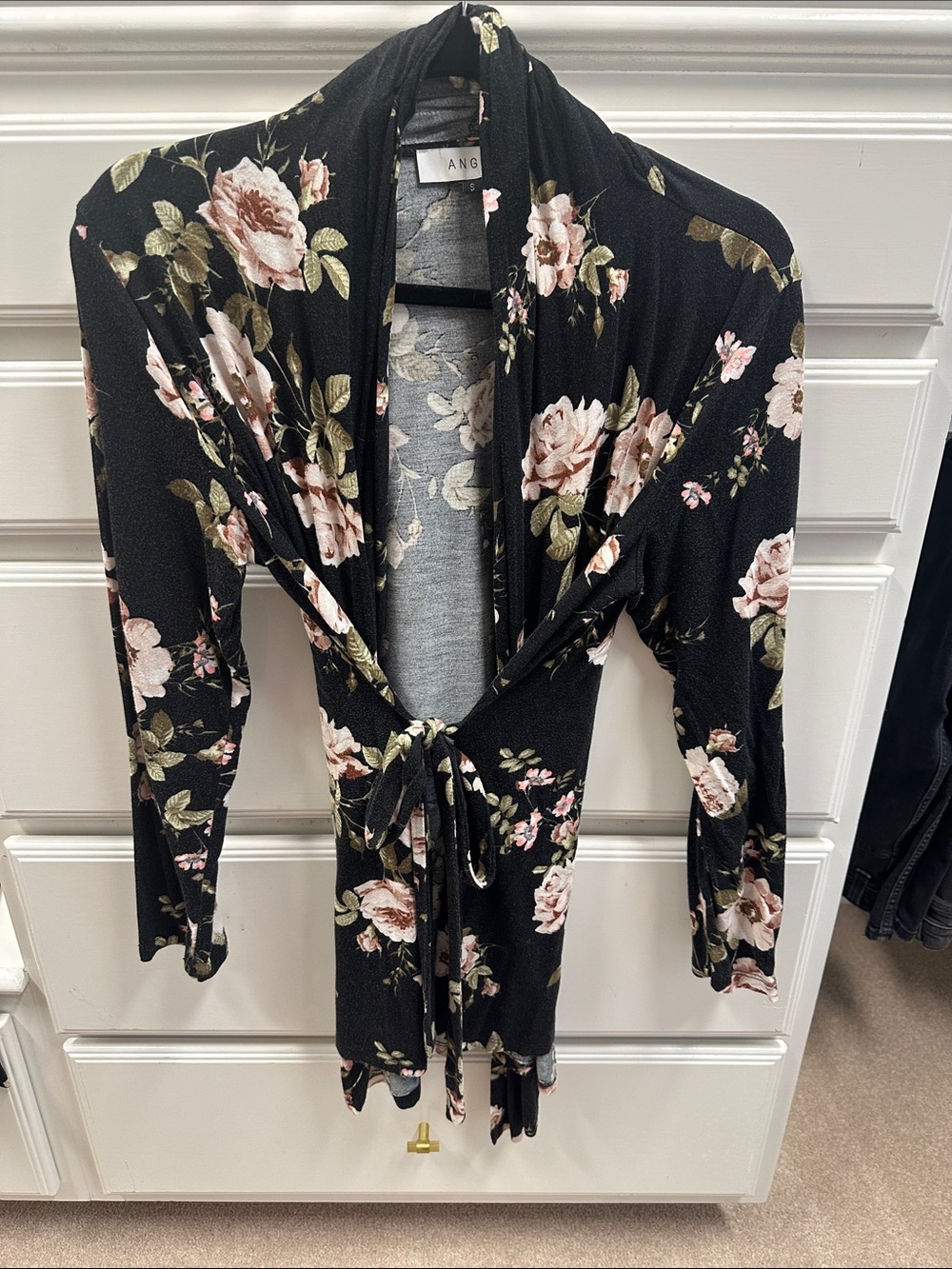 Angel Black Floral Tie-Front nursing/maternity robe with matching pajama pants